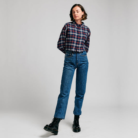 Cropped Flannel Blouse With Scrunchie